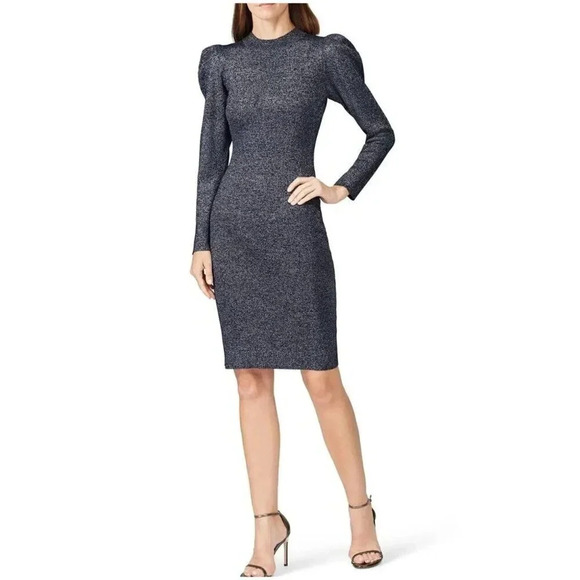 Sachin and Babi Amelie Dress Size Small Metallic Knit Blue Puff Sleeve Event - Picture 1 of 11